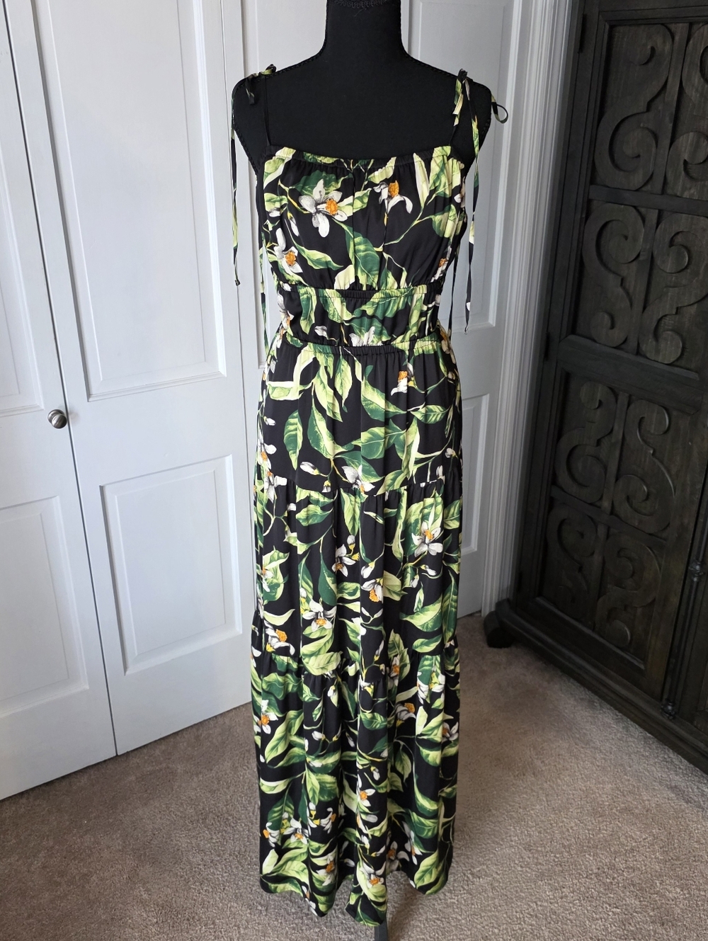 Express Black Green Tropical Floral Maxi Dress Summer Vacation Beach Boho Large